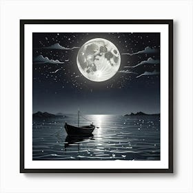 Serene Boat Scene With Moon On Beach Art Print (2) Art Print