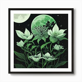 Green Flowers In The Moonlight Art Print