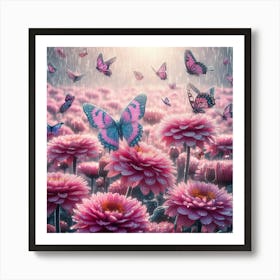 Pink Flowers In The Rain 3 Art Print