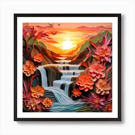 Waterfall At Sunset Art Print