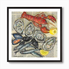 Seafood Lobsters Oysters Anchovies Fish Food Mussels Lemon On Newspaper Art Print