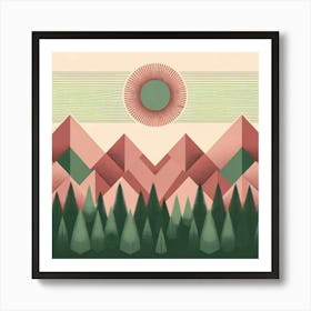 "Geometric Dawn"   In this serene composition, stylized mountains and a forest of evergreens are bathed in the soft light of a geometric sun. The artwork's pastel palette and clean lines lend a modern tranquility to the scene, evoking a sense of calm and order in the natural world. Perfect for contemporary decor, it brings a touch of minimalist nature to any space. Art Print