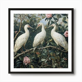 Three White Storks In A Tree Art Art Print