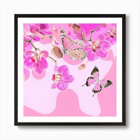 Pink Orchids With Butterflies Art Print