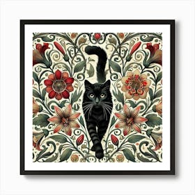 william morris Black Cat With Flowers Art Print