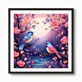 A Bright Toned Design With Flowers And Leaves Trees And Birds A Beautiful And Simple Picture That 296923191 Art Print