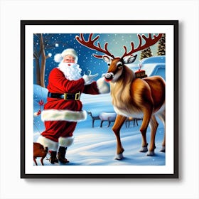 Santa And Christmas Reindeer Art Print