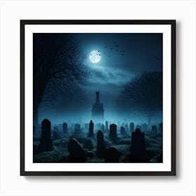 Full Moon Casting An Eerie Glow Over A Cemetery Gravestones Crooked With Names Worn By Time Mist C Art Print