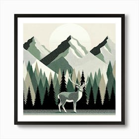 "Lunar Stag"   Under a serene moon, a noble stag stands guard before a backdrop of stylized mountains and pines. The harmonious palette and textured layers craft a peaceful wilderness scene, blending the grace of wildlife with the timeless beauty of the landscape. This piece exudes a calm, majestic presence, perfect for invoking the spirit of nature in any space. Art Print