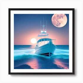 Boat In The Ocean At Sunset Art Print