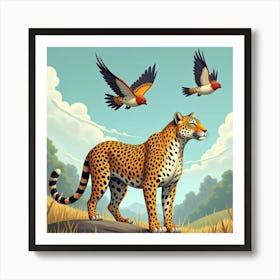 Leopard Under Flying Swallows 1 Art Print