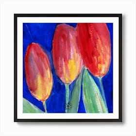 Tulips On Blue - flowers red blue green square Art Print