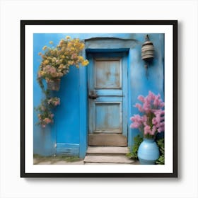 Blue wall. An old-style door in the middle, silver in color. There is a large pottery jar next to the door. There are flowers in the jar Spring oil colors. Wall painting.4 Art Print