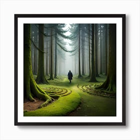 A Man Walking Through A Forest Art Print