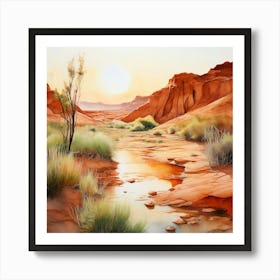 Watercolor A Serene Landscape In Red Desert Bathed In Shades Of Terracotta Olive Green Art Print