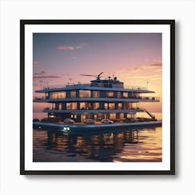 Ultra Modern Floating Hotel On The Sea, Sunset Art Print