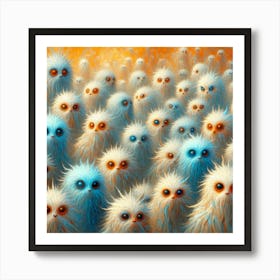 Original: A horde of furry pale blue orange Trialism-Creatures. Art Print