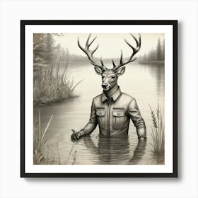 Deer In The Water 7 Art Print