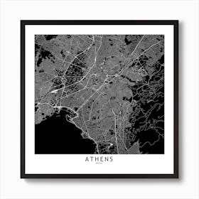 Athens Black And White Map Square Art Print