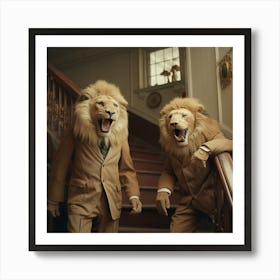 Two Lions On The Stairs - Friends - Cute - Vintage - Laughing Art Print