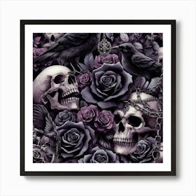 Gothic Skulls And Roses In Dark Shades Pattern Art Print