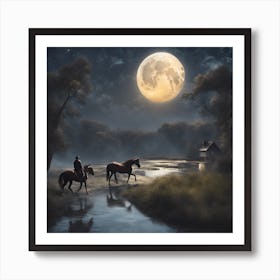 A big moon with famous horses and a river, at night, like a dream, Art Print