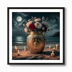 golden Vase Of Flowers On The Beach Art Print