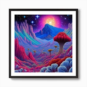 A colorful illustration of a river with a tree in the middle Art Print