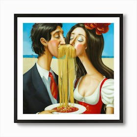 Kissing Couple With Spaghetti Art Print