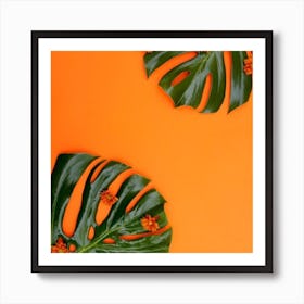 Tropical Leaves On Orange Background Art Print