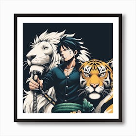 Zoro Character with Tiger and Lion Art Print