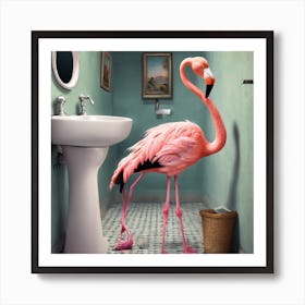 Pink Flamingo In Bathroom Art Print