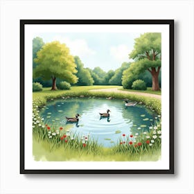 An English Park With A Scenic Pond And Ducks Swimming, Illustrated In Watercolor 1 Art Print