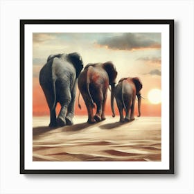 Elephants At Sunset Art Print