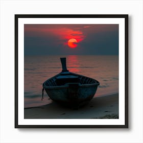 Sunset Boat On The Beach Art Print