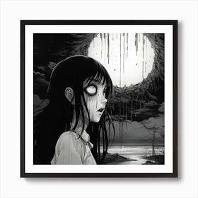 full moon creepy girl black and white manga Junji Ito style Art Print