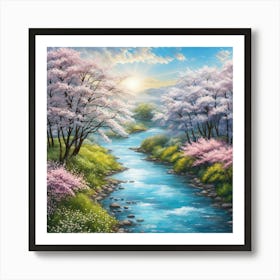 Cherry Blossoms River Art Print