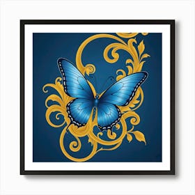 Blue butterfly on mustard spirals Art Print