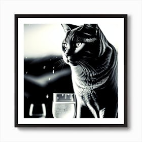 Black Cat With Wine Glass Art Print