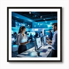 A Bustling Modern Office Scene Employees Engaging With Diverse Digital Devices As They Engage In Co Art Print