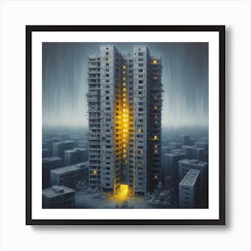 Yellow light emits from the cracks in the building Art Print