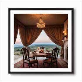 An Elegant Luxurious Tent Interior Features A Dining Table Set For A Meal With Curtains And Fireplace Creating A Cozy Atmosphere 2 Art Print