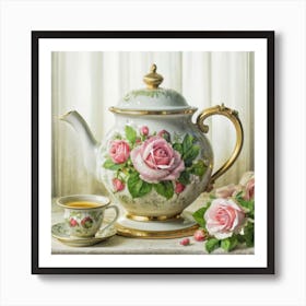 A very finely detailed Victorian style teapot with flowers, plants and roses in the center with a tea cup 19 Art Print