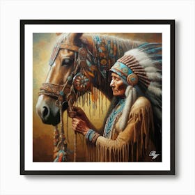 Elderly Native American Woman With Horse 3 Art Print