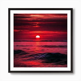 Red Sunset Over The Ocean Art Print