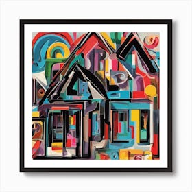 An Image Of A House With Letters On A Black Background, In The Style Of Bold Lines, Vivid Colors, Gr (3) Art Print