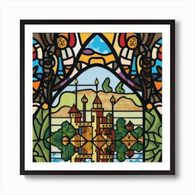 Image of medieval stained glass windows of a sunset at sea 3 Art Print