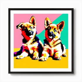 'German Shepherd Pups', This Contemporary art brings POP Art and Flat Vector Art Together, Colorful Art, Animal Art, Home Decor, Kids Room Decor, Puppy Bank - 74th Art Print