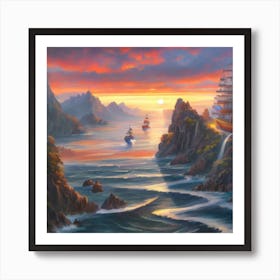 Pirate Ship At Sunset 1 Art Print