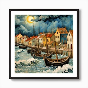 Vintage Boats On Stormy Sea Nightlife Art Print